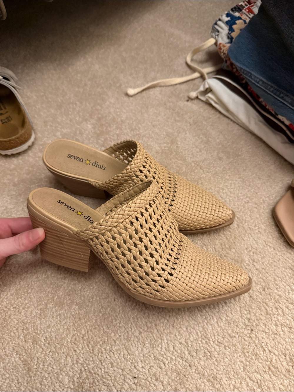Seven Dials Woven Tan Mule Heels